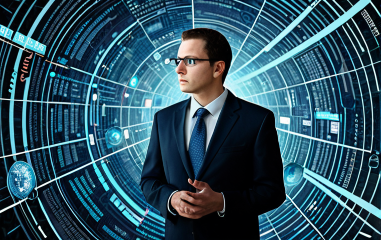 A professional data analyst, fully clothed in a modest business suit, stands in a dynamic, conceptual digital environment. Abstract streams of information (text, numbers, news headlines) swirl around, some appearing chaotic and others organized. The analyst is focused, with one hand outstretched, seemingly sifting through or filtering the information with a thoughtful expression. The background subtly depicts a complex network of data. Professional dress, safe for work, appropriate content, fully clothed, perfect anatomy, correct proportions, natural pose, well-formed hands, proper finger count, natural body proportions, professional photography, high quality.