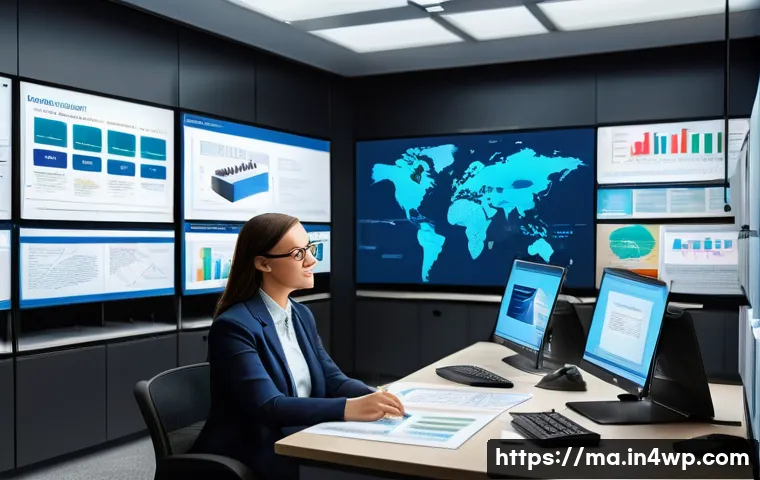 신뢰성 있는 정보의 수집 방법 - A professional workspace scene showing a researcher analyzing multiple documents on a large screen, ...