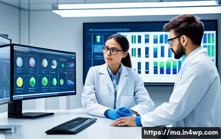 정보 신뢰성 평가를 위한 연구 방법 - A modern research laboratory setting with diverse scientists collaborating, showing a researcher con...