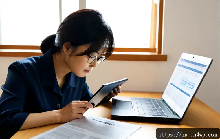 Home 17 정보 출처의 신뢰성 확인 방법 - Photorealistic close-up of a thoughtful middle-aged woman at a tidy home office desk, comparing info...